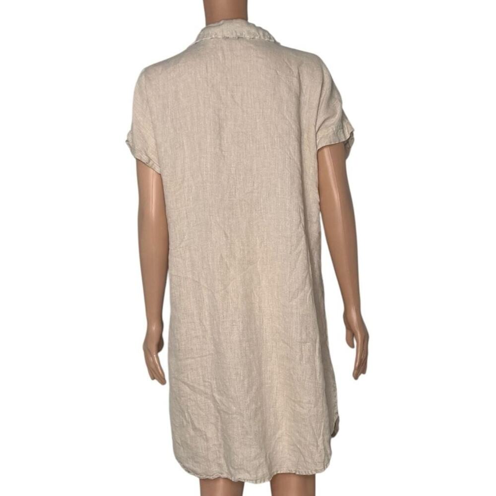 Azucar 100% Linen Short Sleeve Button Front Fringe Trim Shirt Dress with Pockets - Picture 2 of 4
